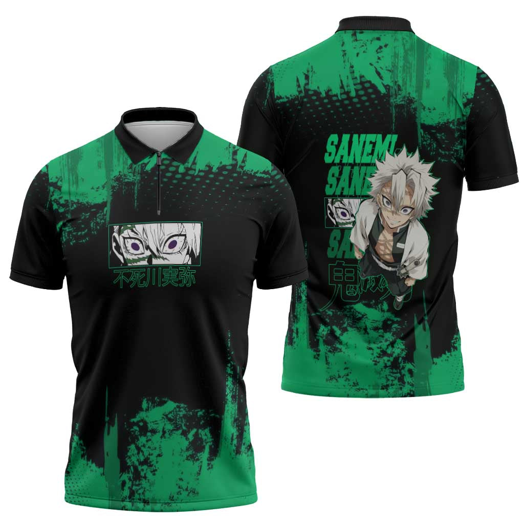 Sanemi Shinazugawa Demon Slayer Green and Black Grunge Zipper Polo Shirt Design with Intense Eyes and Wind Hashira Theme - The Mazicc