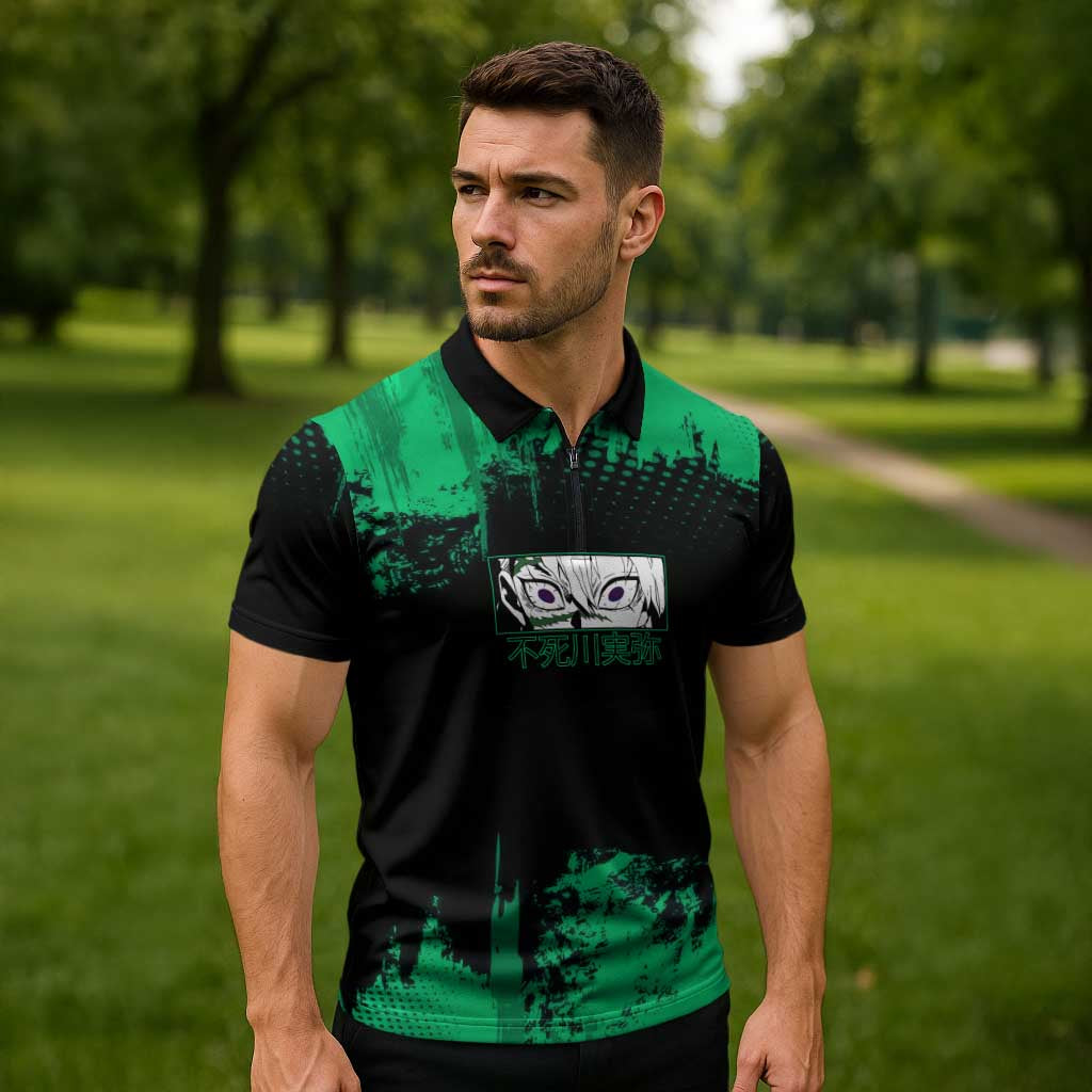 Sanemi Shinazugawa Demon Slayer Green and Black Grunge Zipper Polo Shirt Design with Intense Eyes and Wind Hashira Theme - The Mazicc
