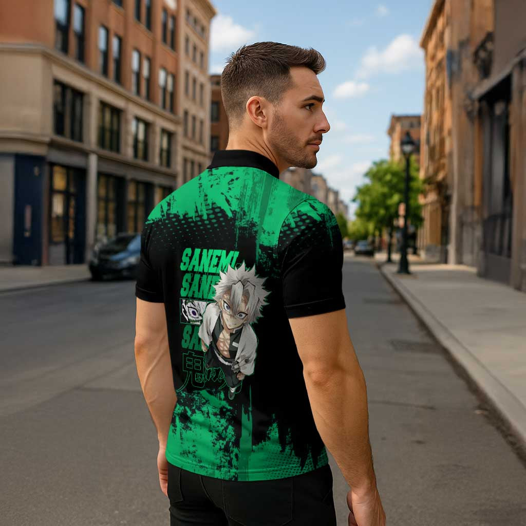 Sanemi Shinazugawa Demon Slayer Green and Black Grunge Zipper Polo Shirt Design with Intense Eyes and Wind Hashira Theme - The Mazicc