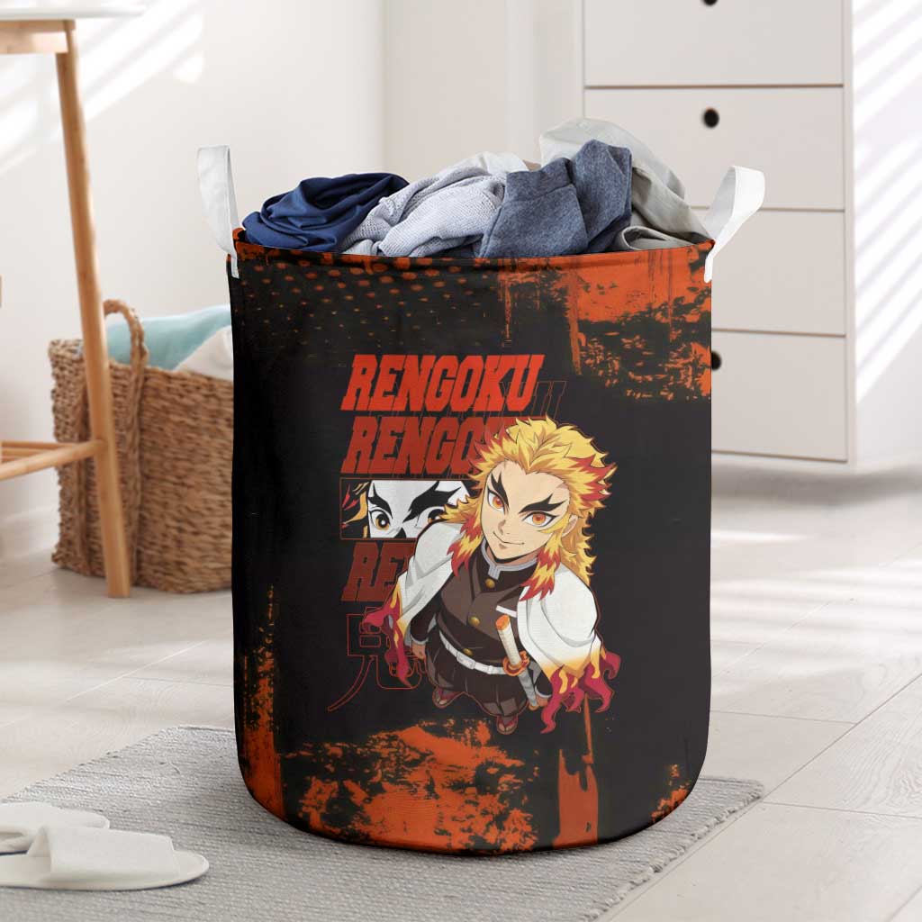 Kyojuro Rengoku Demon Slayer Black and Orange Grunge Design Laundry Basket with Bold Eyes and Flame Hashira Artwork - The Mazicc