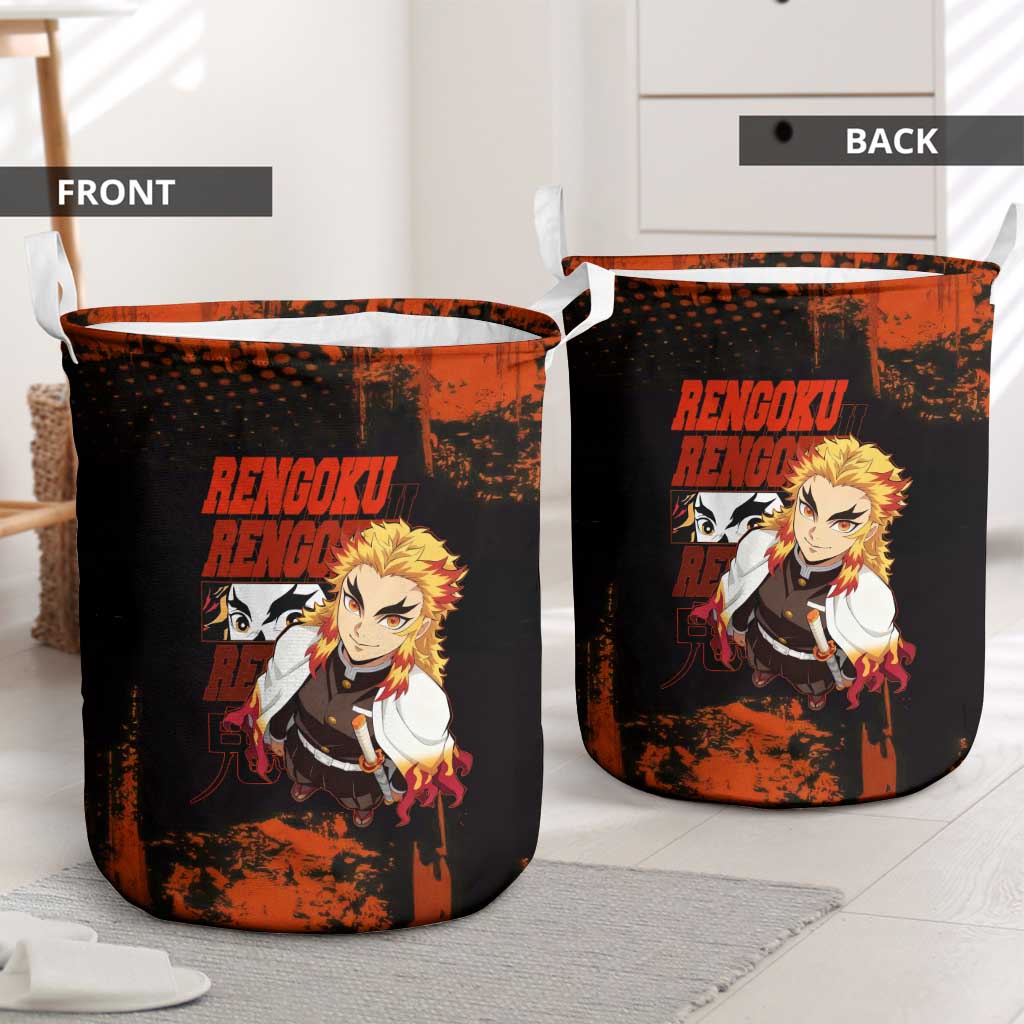 Kyojuro Rengoku Demon Slayer Black and Orange Grunge Design Laundry Basket with Bold Eyes and Flame Hashira Artwork - The Mazicc