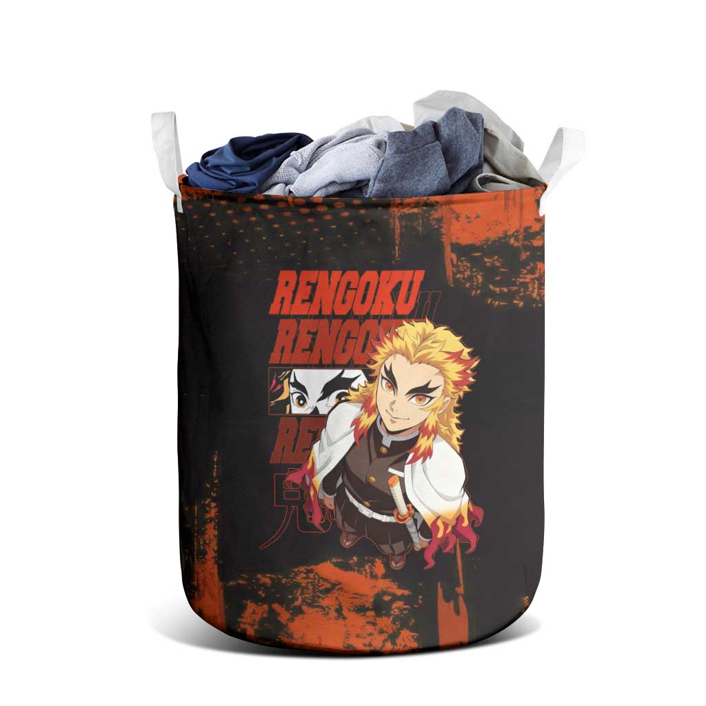 Kyojuro Rengoku Demon Slayer Black and Orange Grunge Design Laundry Basket with Bold Eyes and Flame Hashira Artwork - The Mazicc