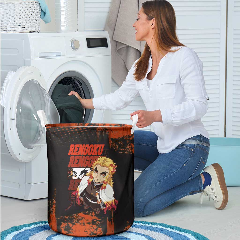 Kyojuro Rengoku Demon Slayer Black and Orange Grunge Design Laundry Basket with Bold Eyes and Flame Hashira Artwork - The Mazicc