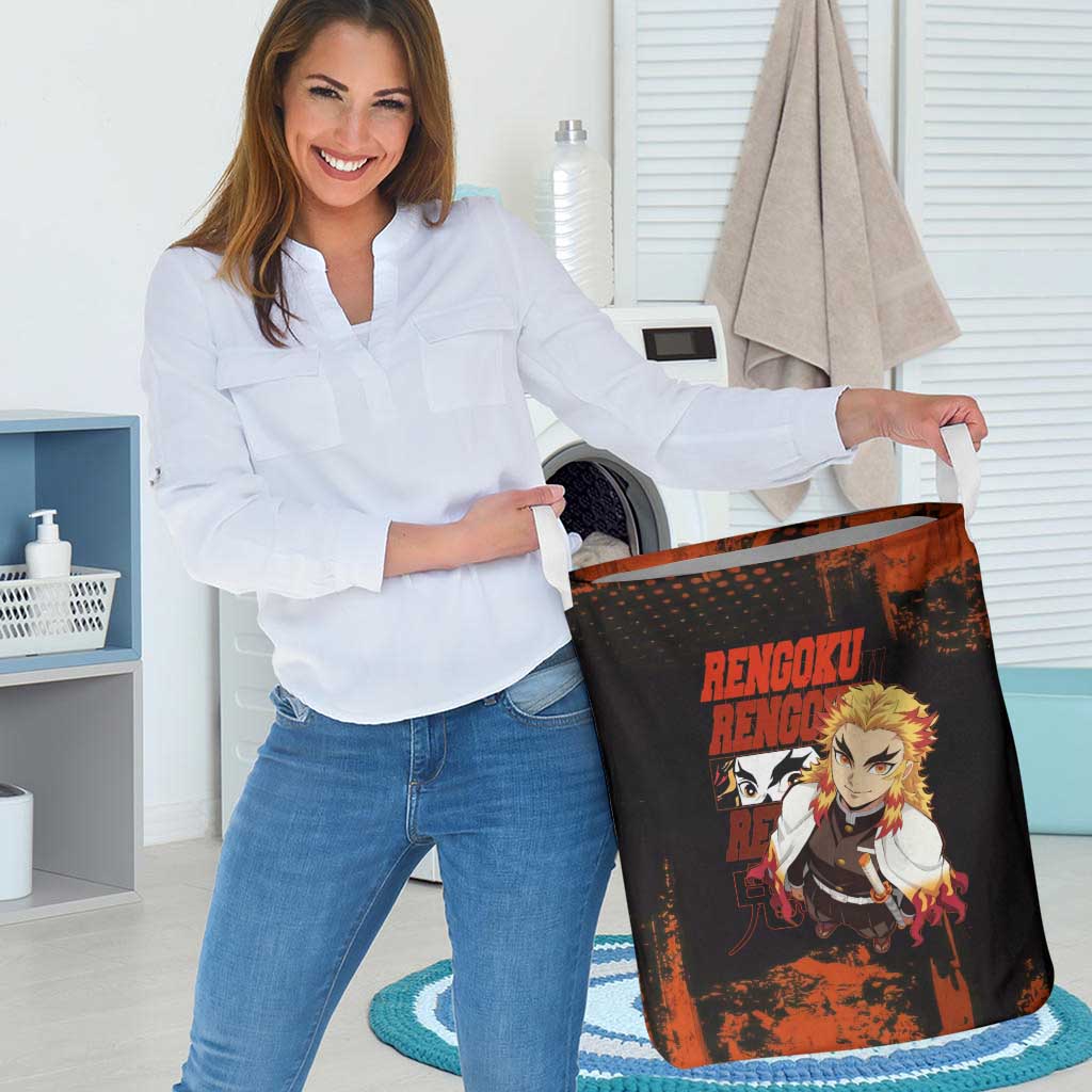 Kyojuro Rengoku Demon Slayer Black and Orange Grunge Design Laundry Basket with Bold Eyes and Flame Hashira Artwork - The Mazicc
