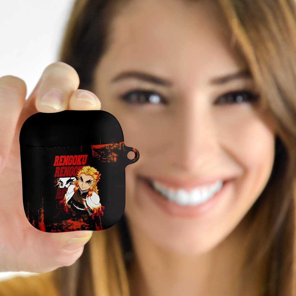 Kyojuro Rengoku Demon Slayer Black and Orange Grunge Design AirPods Case with Bold Eyes and Flame Hashira Artwork - The Mazicc