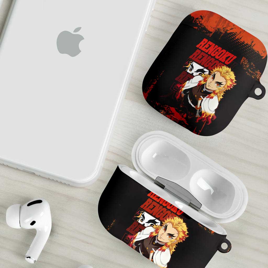 Kyojuro Rengoku Demon Slayer Black and Orange Grunge Design AirPods Case with Bold Eyes and Flame Hashira Artwork - The Mazicc