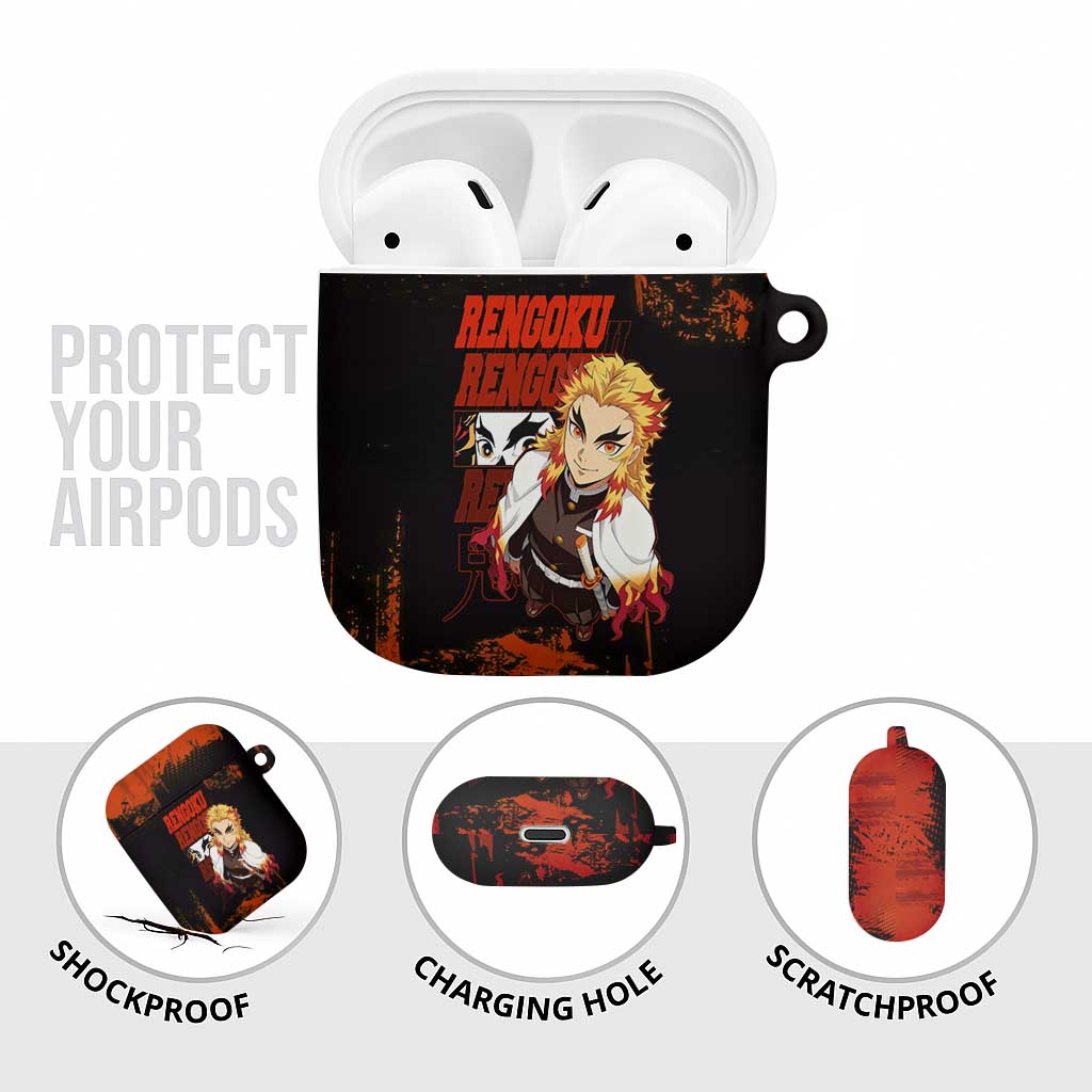 Kyojuro Rengoku Demon Slayer Black and Orange Grunge Design AirPods Case with Bold Eyes and Flame Hashira Artwork - The Mazicc