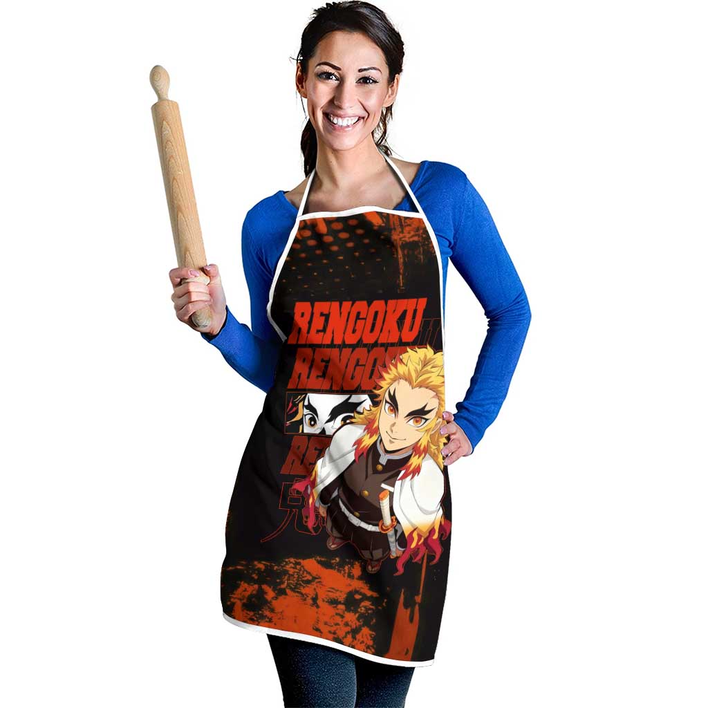Kyojuro Rengoku Demon Slayer Black and Orange Grunge Design Apron with Bold Eyes and Flame Hashira Artwork - The Mazicc