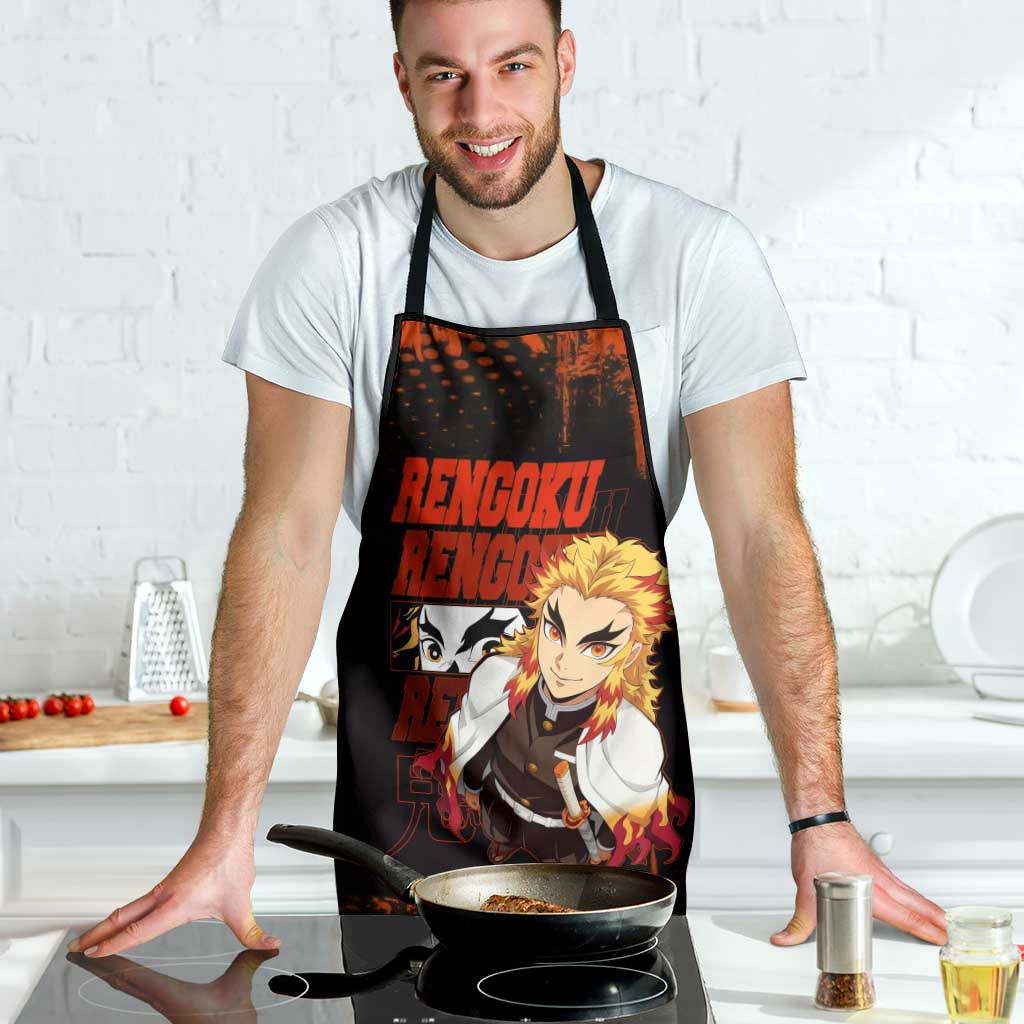 Kyojuro Rengoku Demon Slayer Black and Orange Grunge Design Apron with Bold Eyes and Flame Hashira Artwork - The Mazicc