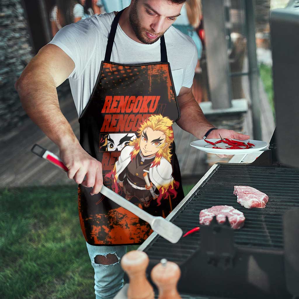 Kyojuro Rengoku Demon Slayer Black and Orange Grunge Design Apron with Bold Eyes and Flame Hashira Artwork - The Mazicc