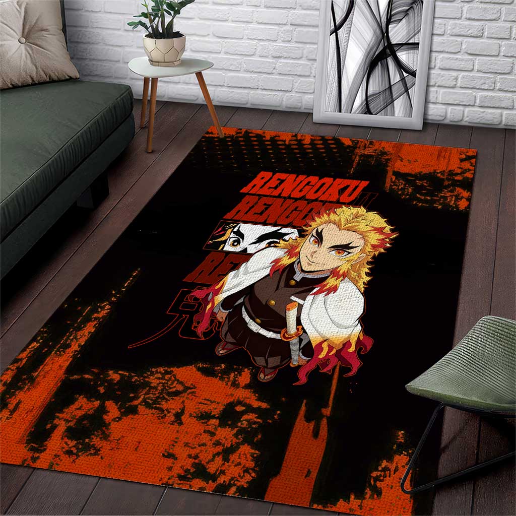 Kyojuro Rengoku Demon Slayer Black and Orange Grunge Design Area Rug with Bold Eyes and Flame Hashira Artwork - The Mazicc