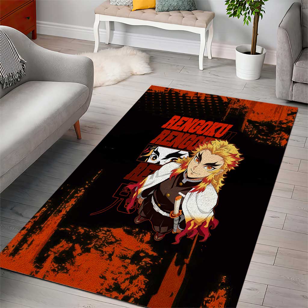 Kyojuro Rengoku Demon Slayer Black and Orange Grunge Design Area Rug with Bold Eyes and Flame Hashira Artwork - The Mazicc