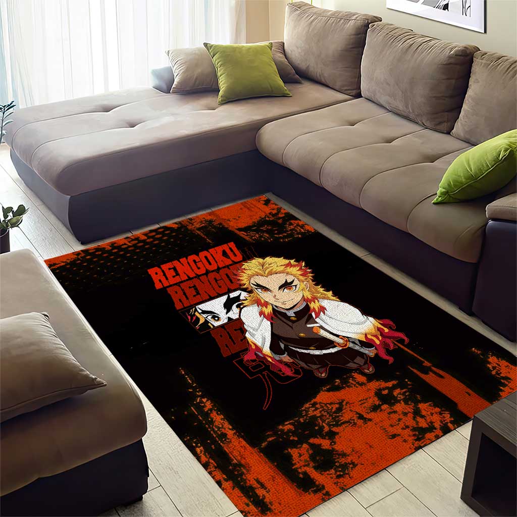 Kyojuro Rengoku Demon Slayer Black and Orange Grunge Design Area Rug with Bold Eyes and Flame Hashira Artwork - The Mazicc
