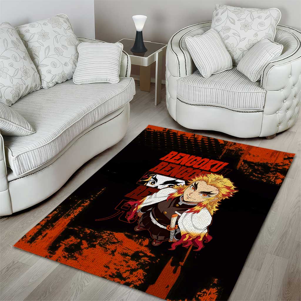Kyojuro Rengoku Demon Slayer Black and Orange Grunge Design Area Rug with Bold Eyes and Flame Hashira Artwork - The Mazicc
