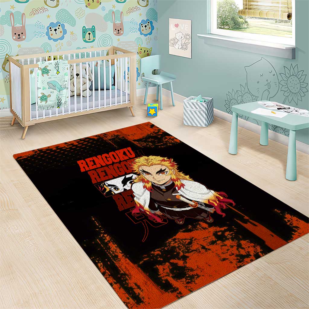 Kyojuro Rengoku Demon Slayer Black and Orange Grunge Design Area Rug with Bold Eyes and Flame Hashira Artwork - The Mazicc