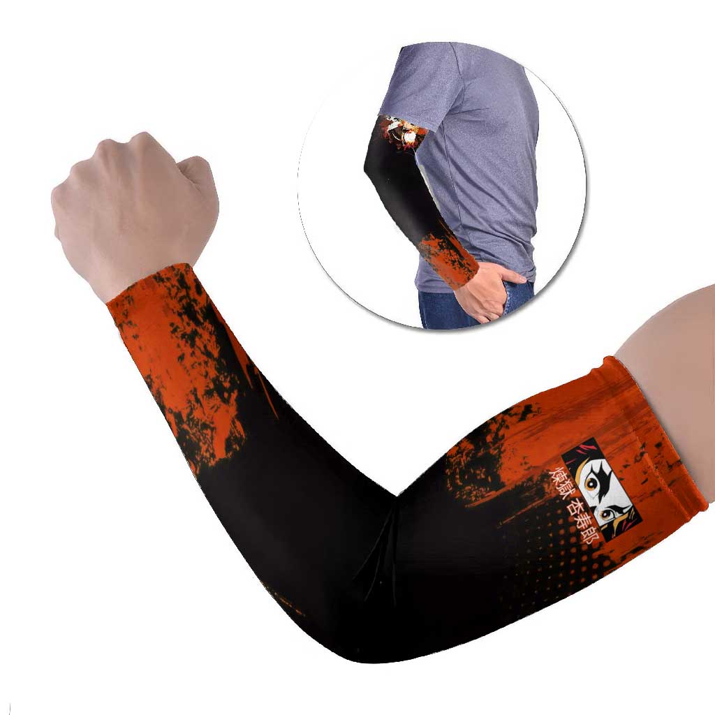 Kyojuro Rengoku Demon Slayer Black and Orange Grunge Design Arm Sleeves with Bold Eyes and Flame Hashira Artwork - The Mazicc