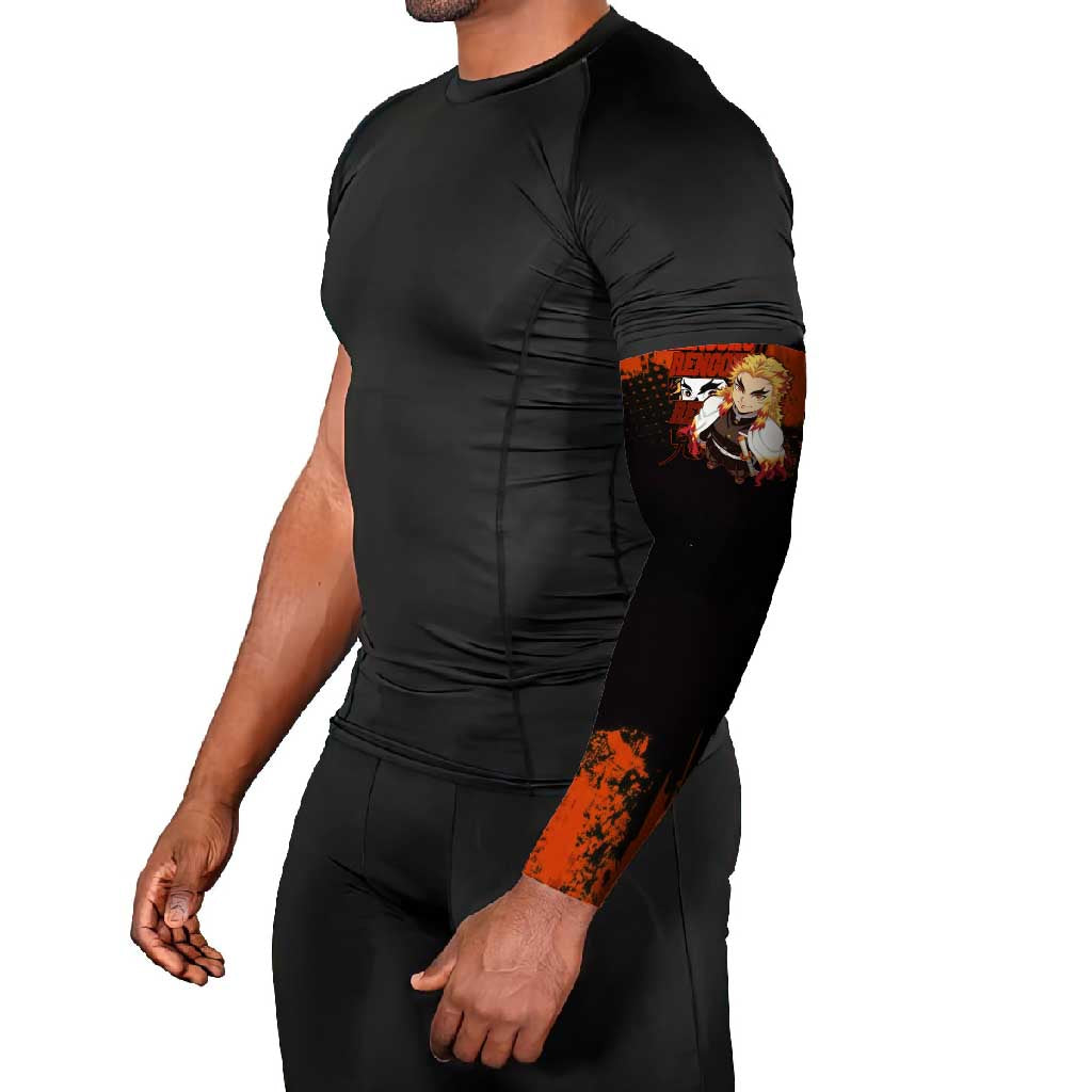 Kyojuro Rengoku Demon Slayer Black and Orange Grunge Design Arm Sleeves with Bold Eyes and Flame Hashira Artwork - The Mazicc