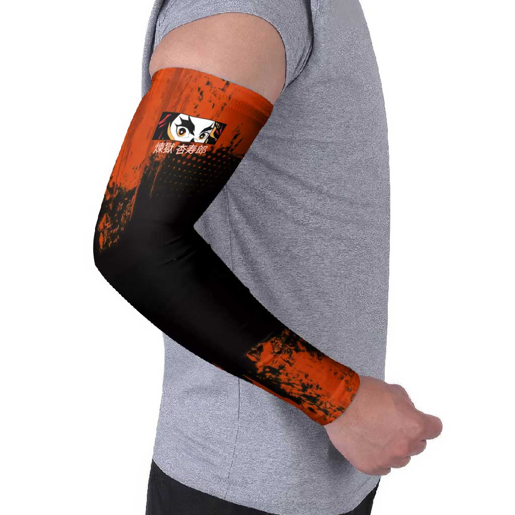 Kyojuro Rengoku Demon Slayer Black and Orange Grunge Design Arm Sleeves with Bold Eyes and Flame Hashira Artwork - The Mazicc