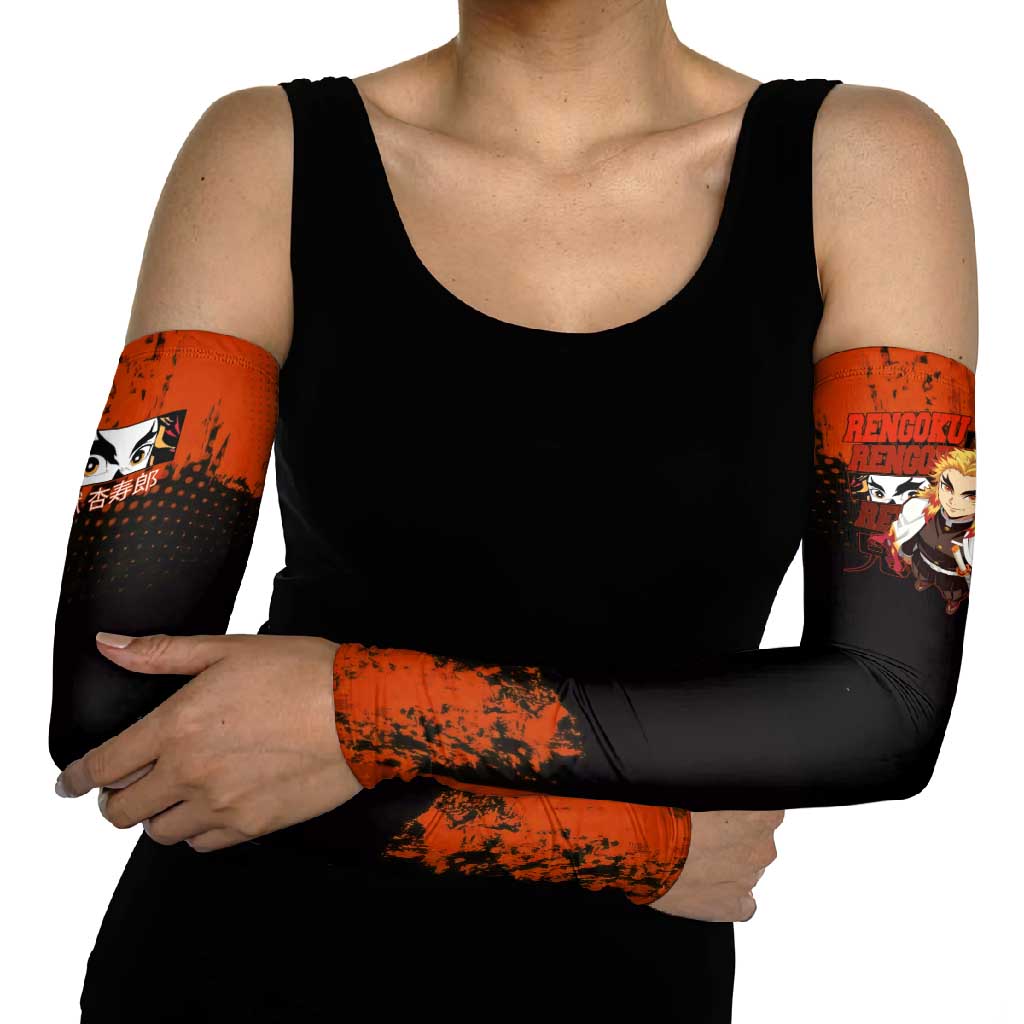 Kyojuro Rengoku Demon Slayer Black and Orange Grunge Design Arm Sleeves with Bold Eyes and Flame Hashira Artwork - The Mazicc