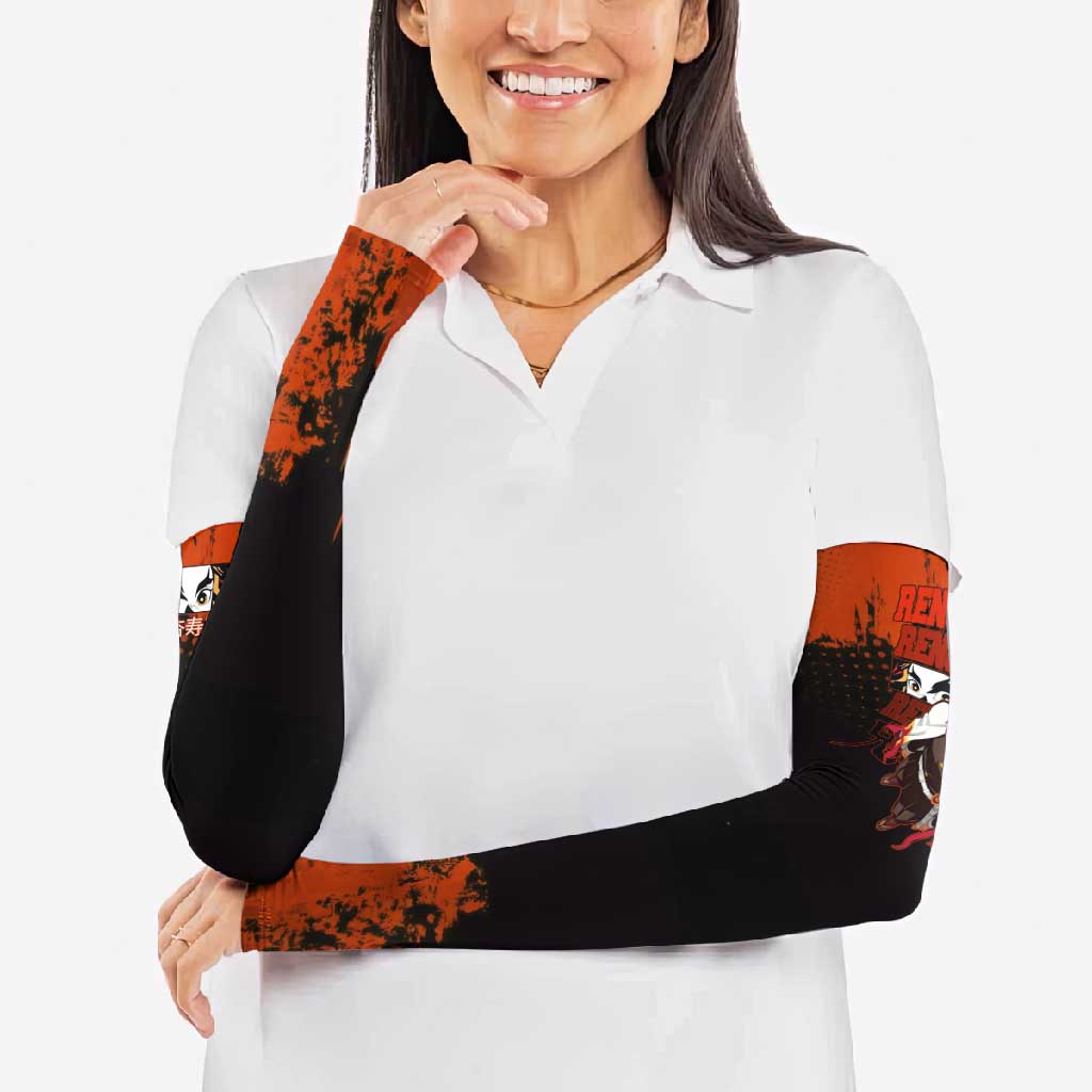 Kyojuro Rengoku Demon Slayer Black and Orange Grunge Design Arm Sleeves with Bold Eyes and Flame Hashira Artwork - The Mazicc