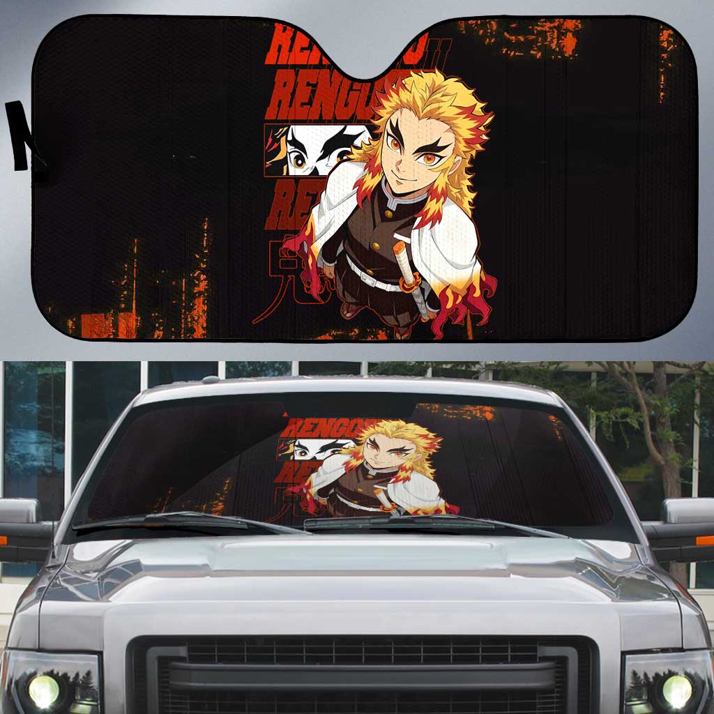 Kyojuro Rengoku Demon Slayer Black and Orange Grunge Design Auto Sun Shade with Bold Eyes and Flame Hashira Artwork - The Mazicc