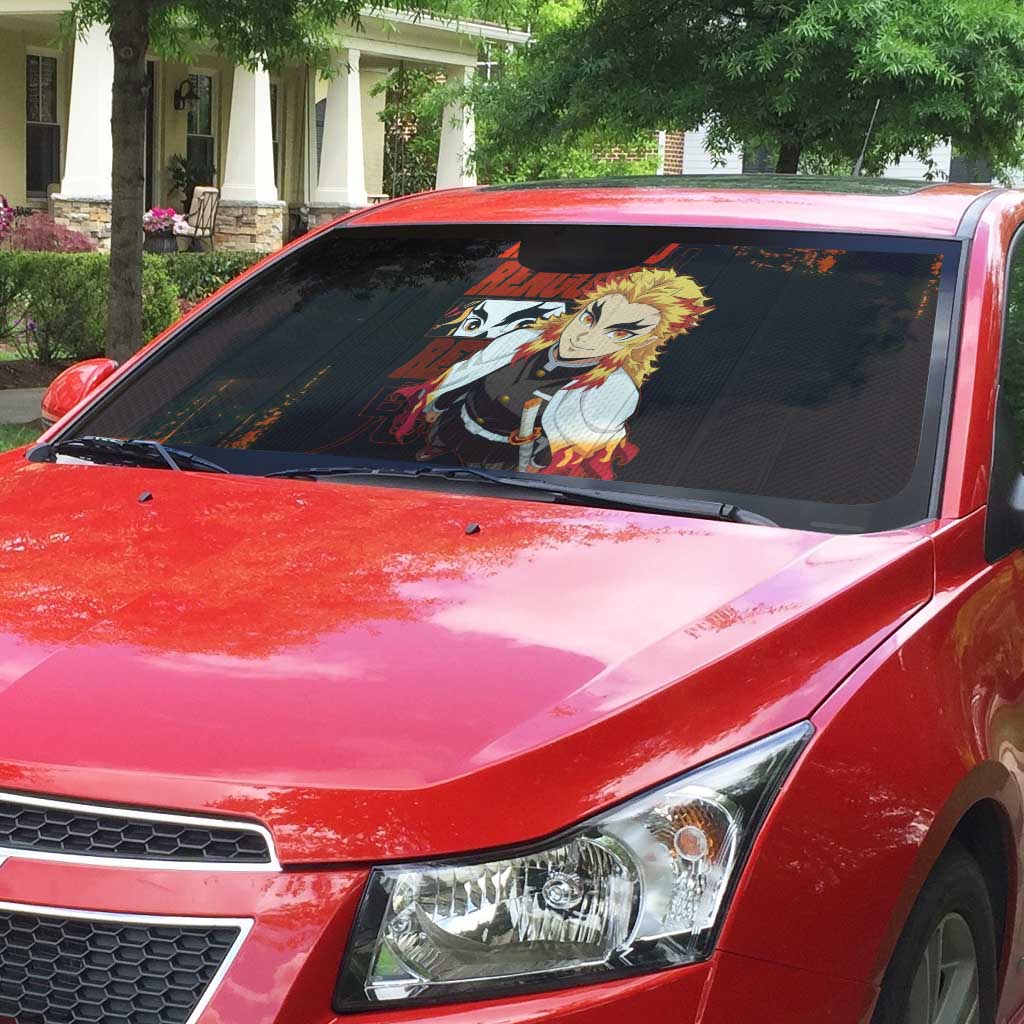 Kyojuro Rengoku Demon Slayer Black and Orange Grunge Design Auto Sun Shade with Bold Eyes and Flame Hashira Artwork - The Mazicc