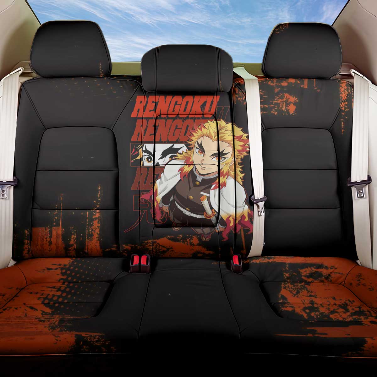 Kyojuro Rengoku Demon Slayer Black and Orange Grunge Design Back Car Seat Cover with Bold Eyes and Flame Hashira Artwork - The Mazicc