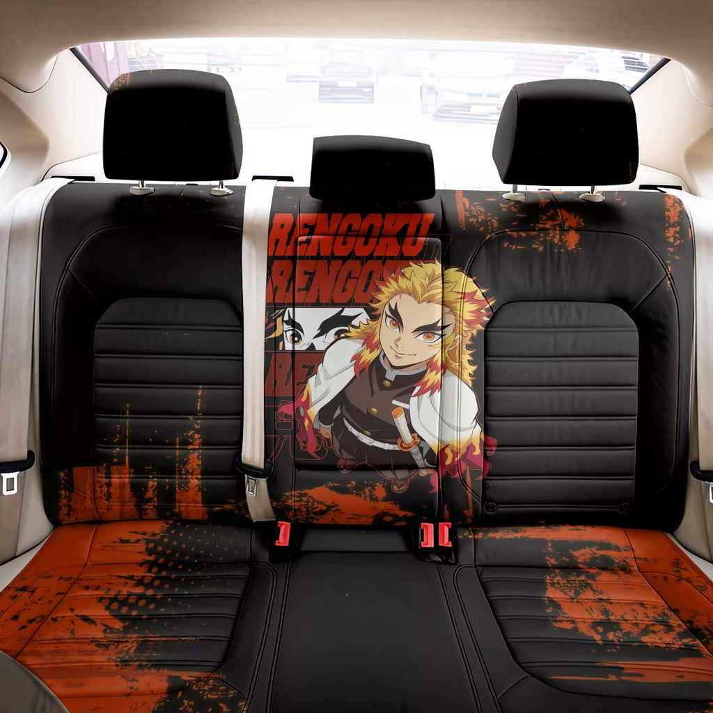 Kyojuro Rengoku Demon Slayer Black and Orange Grunge Design Back Car Seat Cover with Bold Eyes and Flame Hashira Artwork - The Mazicc