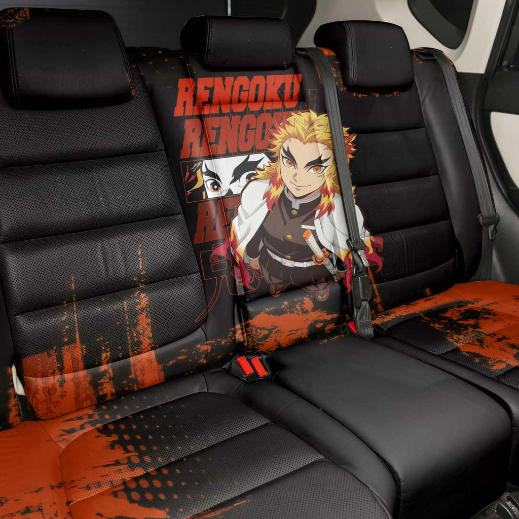 Kyojuro Rengoku Demon Slayer Black and Orange Grunge Design Back Car Seat Cover with Bold Eyes and Flame Hashira Artwork - The Mazicc