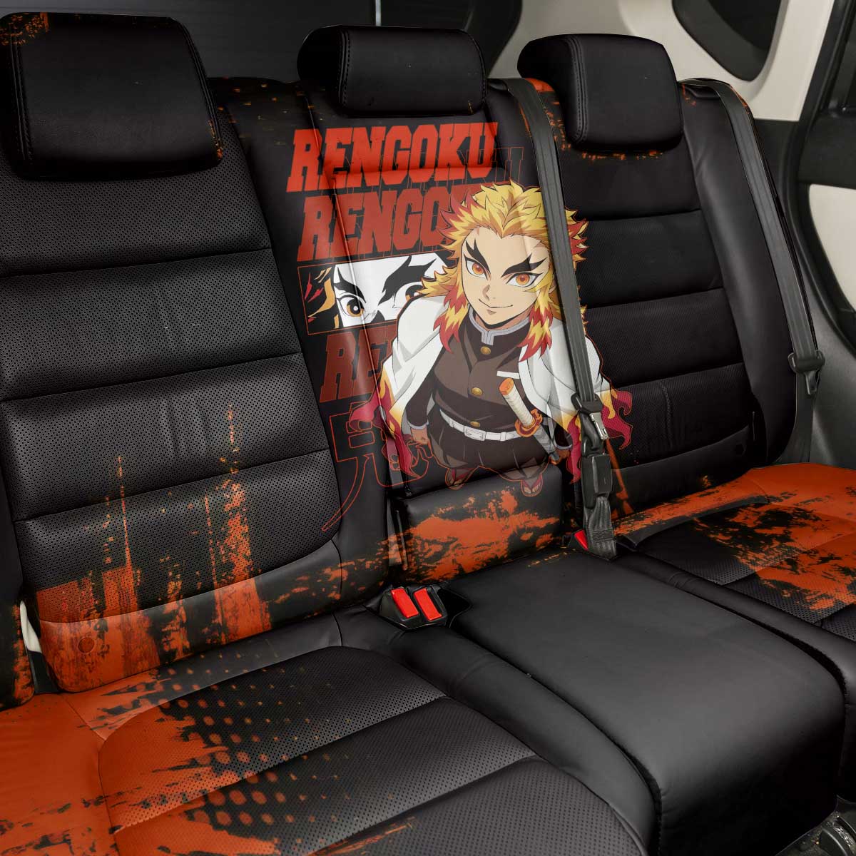 Kyojuro Rengoku Demon Slayer Black and Orange Grunge Design Back Car Seat Cover with Bold Eyes and Flame Hashira Artwork - The Mazicc
