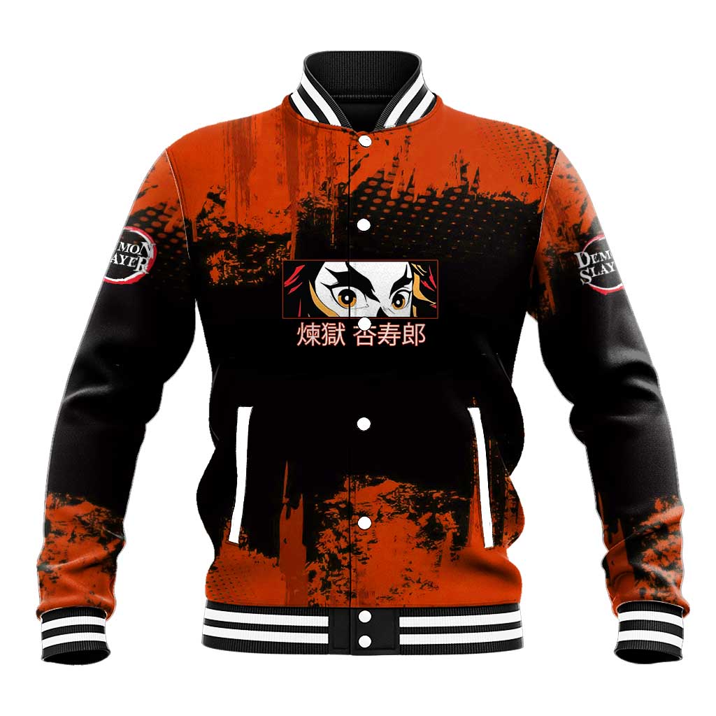 Kyojuro Rengoku Demon Slayer Black and Orange Grunge Design Baseball Jacket with Bold Eyes and Flame Hashira Artwork - The Mazicc