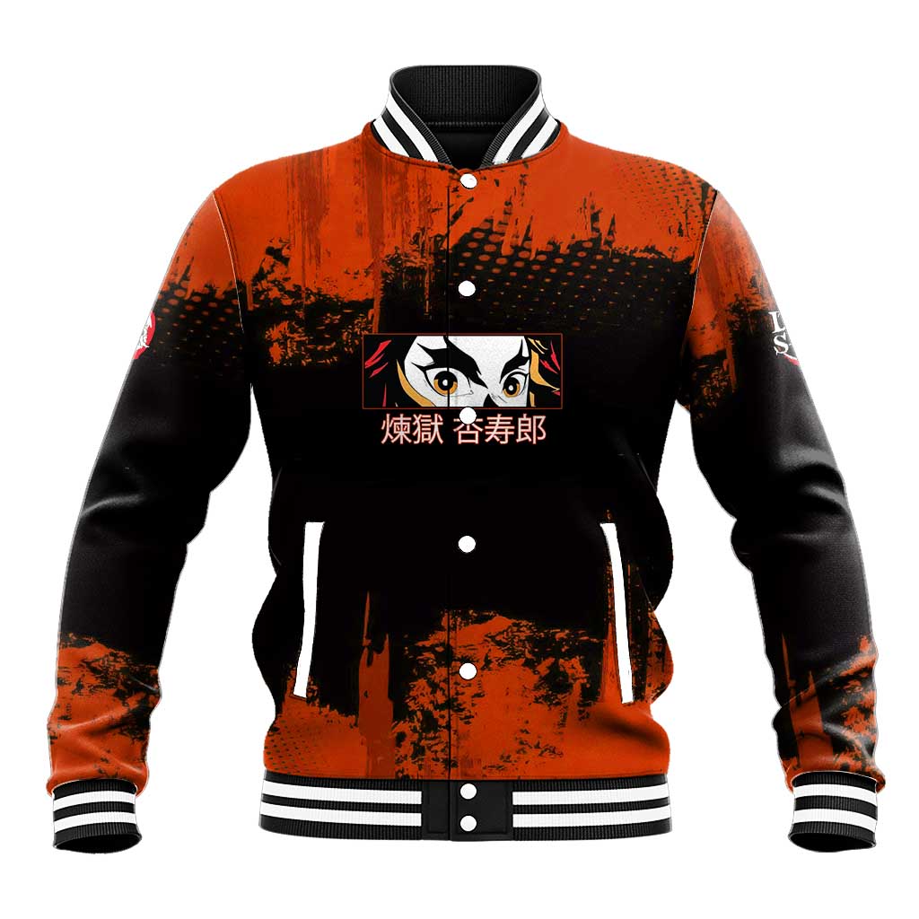 Kyojuro Rengoku Demon Slayer Black and Orange Grunge Design Baseball Jacket with Bold Eyes and Flame Hashira Artwork - The Mazicc