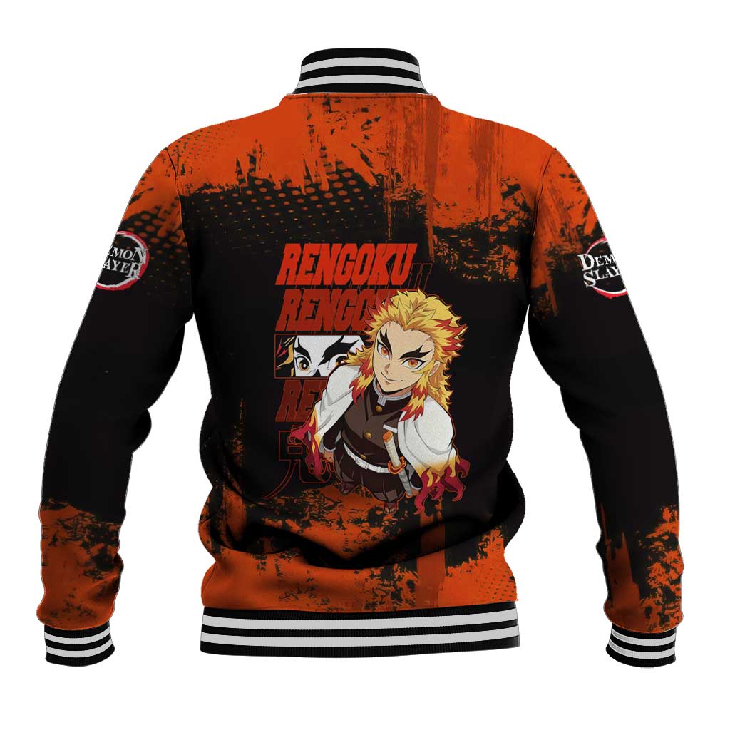 Kyojuro Rengoku Demon Slayer Black and Orange Grunge Design Baseball Jacket with Bold Eyes and Flame Hashira Artwork - The Mazicc