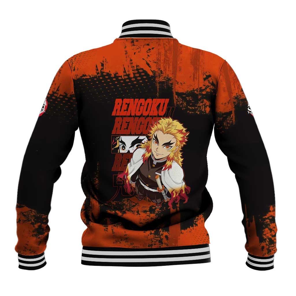 Kyojuro Rengoku Demon Slayer Black and Orange Grunge Design Baseball Jacket with Bold Eyes and Flame Hashira Artwork - The Mazicc