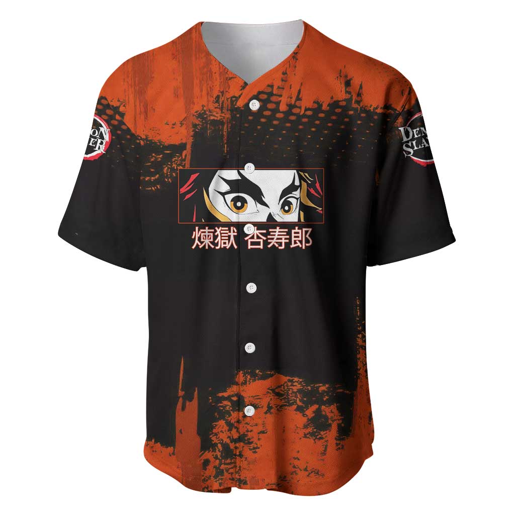 Kyojuro Rengoku Demon Slayer Black and Orange Grunge Design Baseball Jersey with Bold Eyes and Flame Hashira Artwork - The Mazicc