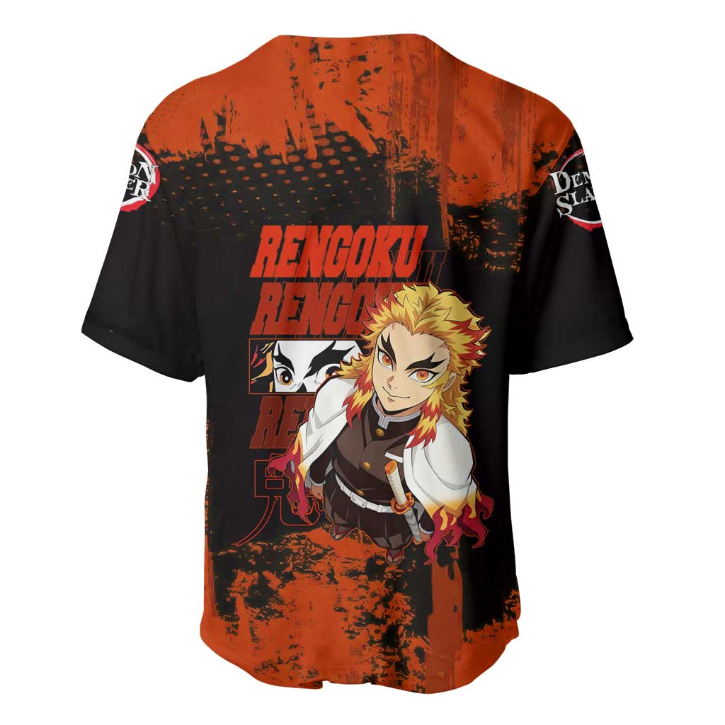 Kyojuro Rengoku Demon Slayer Black and Orange Grunge Design Baseball Jersey with Bold Eyes and Flame Hashira Artwork - The Mazicc