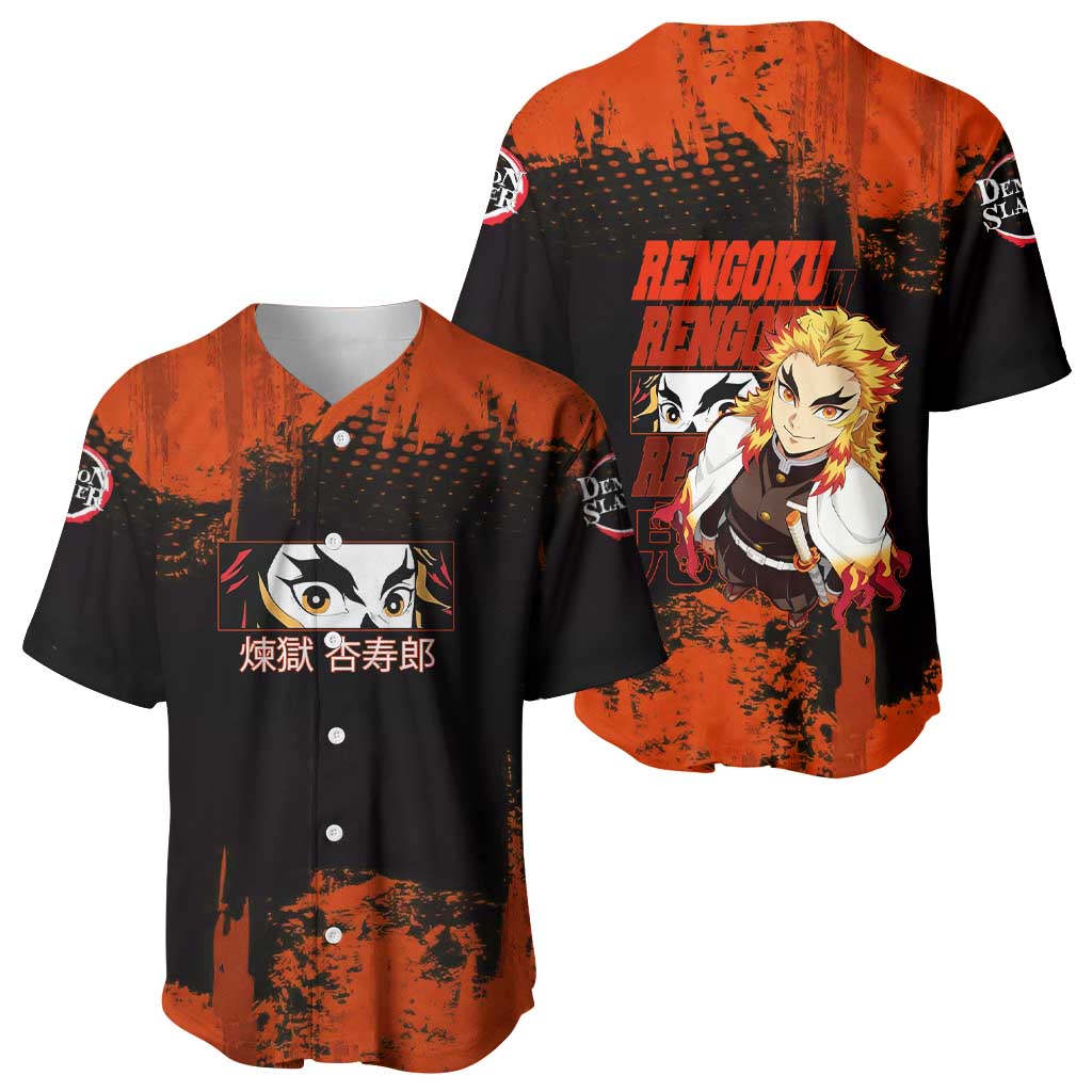 Kyojuro Rengoku Demon Slayer Black and Orange Grunge Design Baseball Jersey with Bold Eyes and Flame Hashira Artwork - The Mazicc