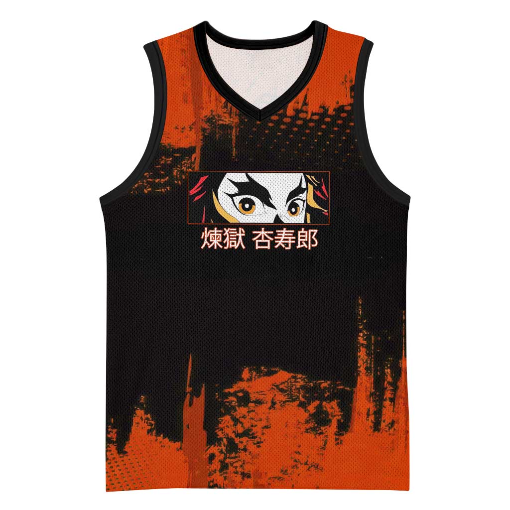 Kyojuro Rengoku Demon Slayer Black and Orange Grunge Design Basketball Jersey with Bold Eyes and Flame Hashira Artwork - The Mazicc