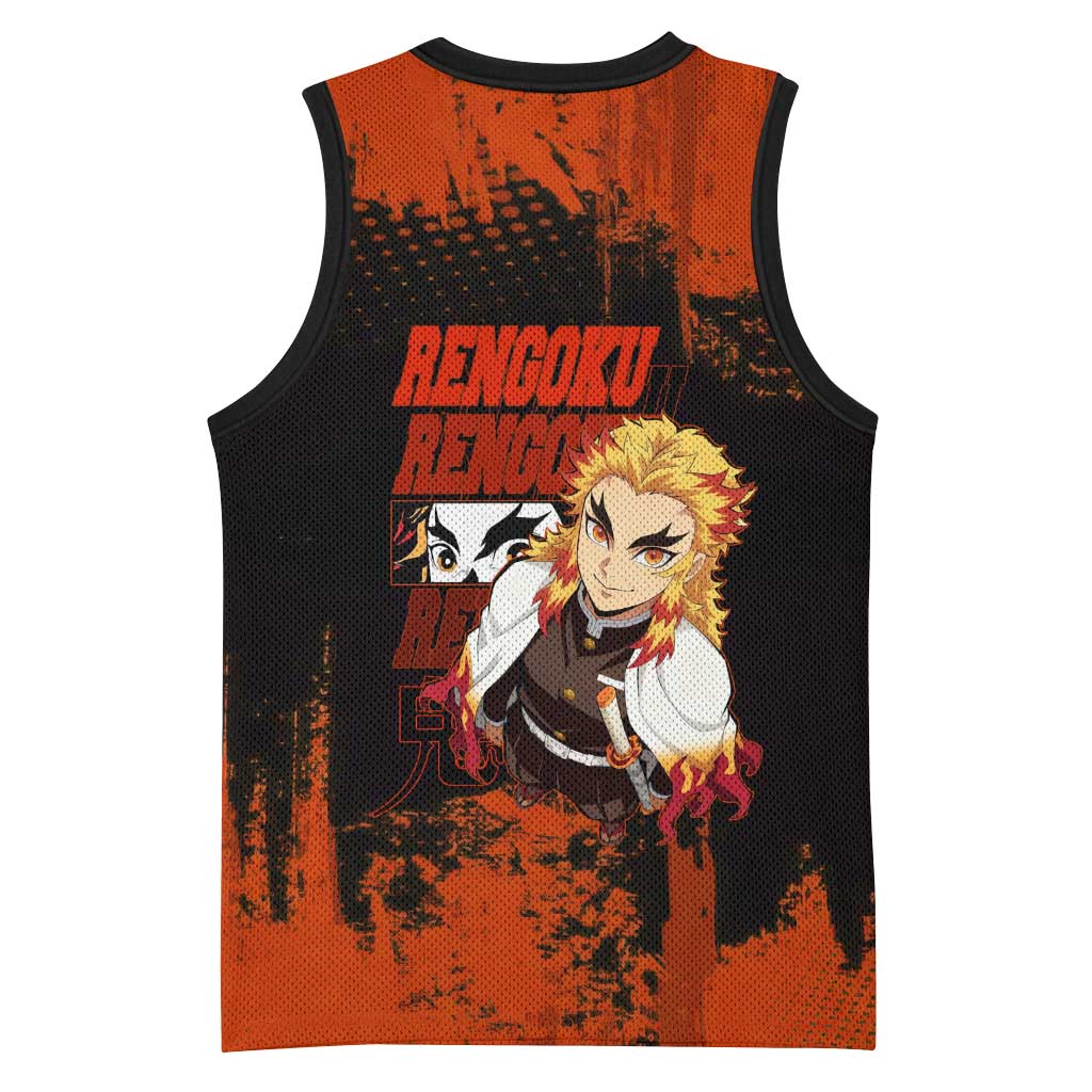 Kyojuro Rengoku Demon Slayer Black and Orange Grunge Design Basketball Jersey with Bold Eyes and Flame Hashira Artwork - The Mazicc