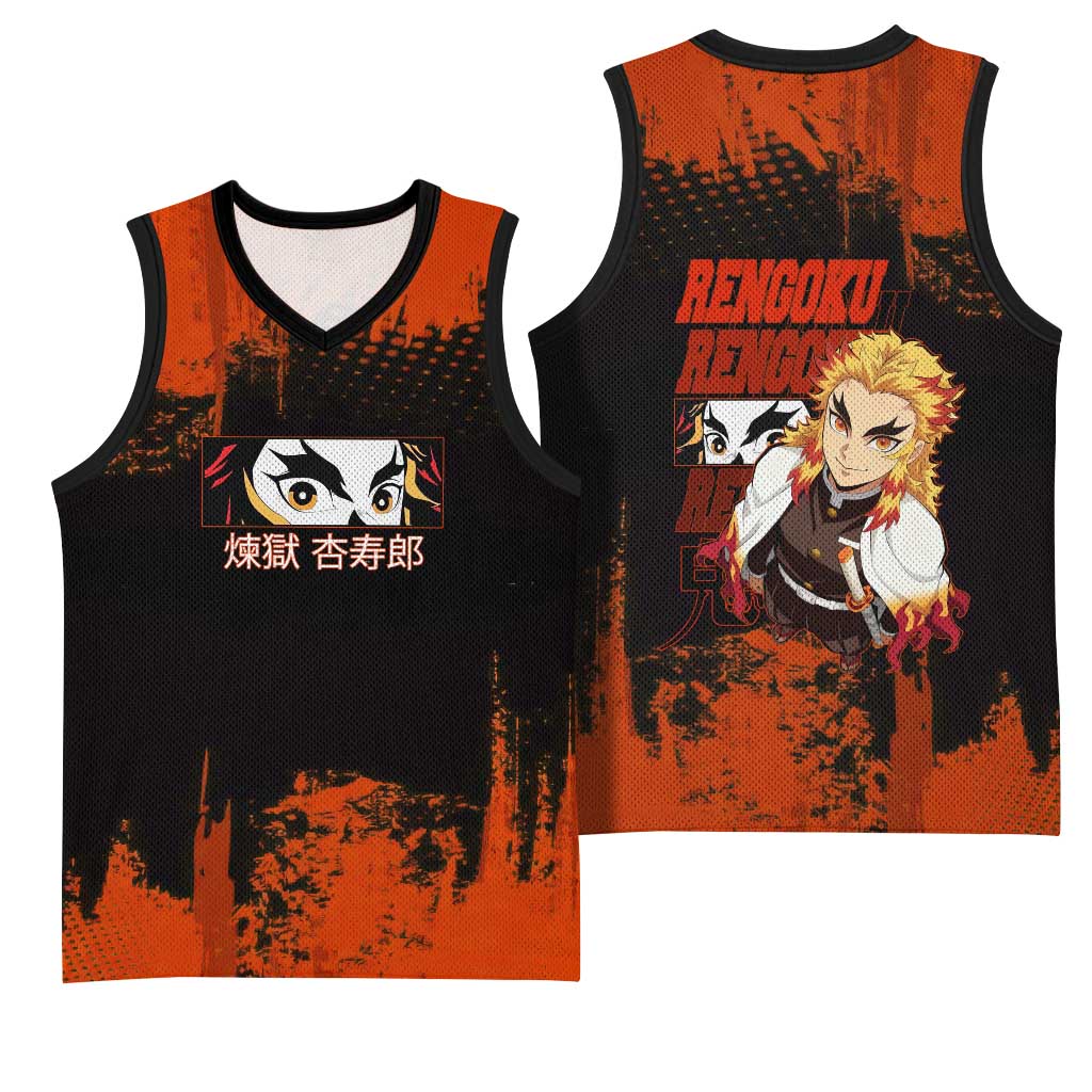 Kyojuro Rengoku Demon Slayer Black and Orange Grunge Design Basketball Jersey with Bold Eyes and Flame Hashira Artwork - The Mazicc