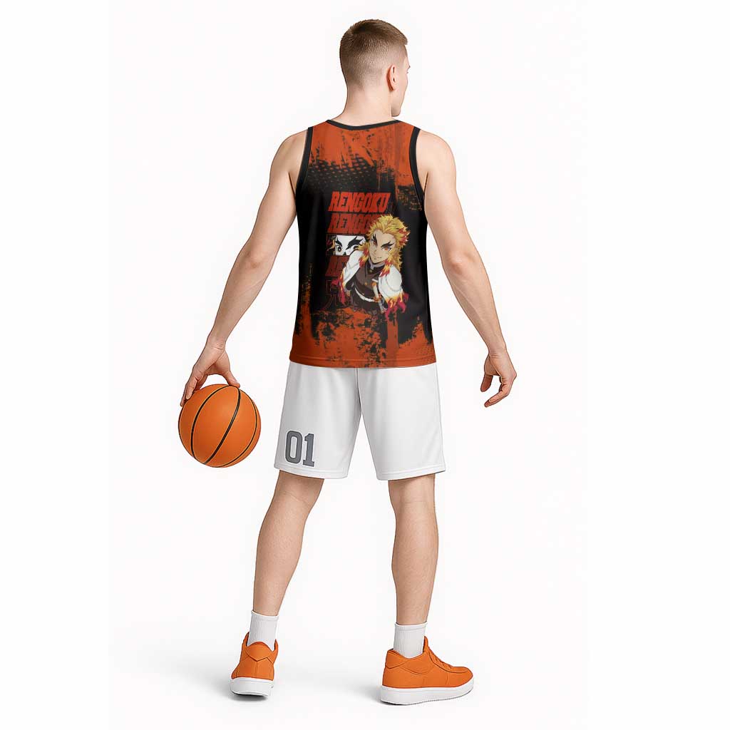 Kyojuro Rengoku Demon Slayer Black and Orange Grunge Design Basketball Jersey with Bold Eyes and Flame Hashira Artwork - The Mazicc