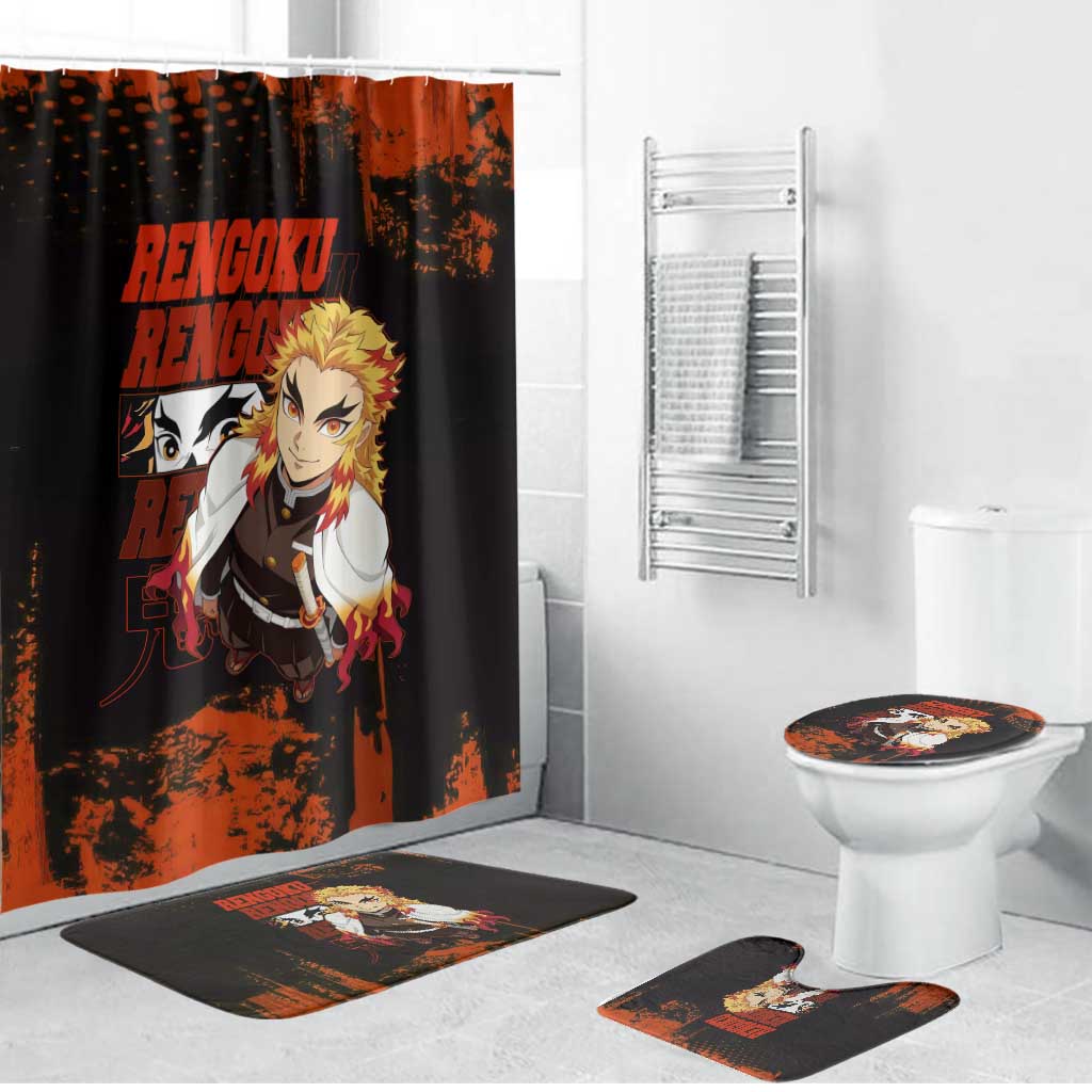 Kyojuro Rengoku Demon Slayer Black and Orange Grunge Design Bathroom Set with Bold Eyes and Flame Hashira Artwork - The Mazicc