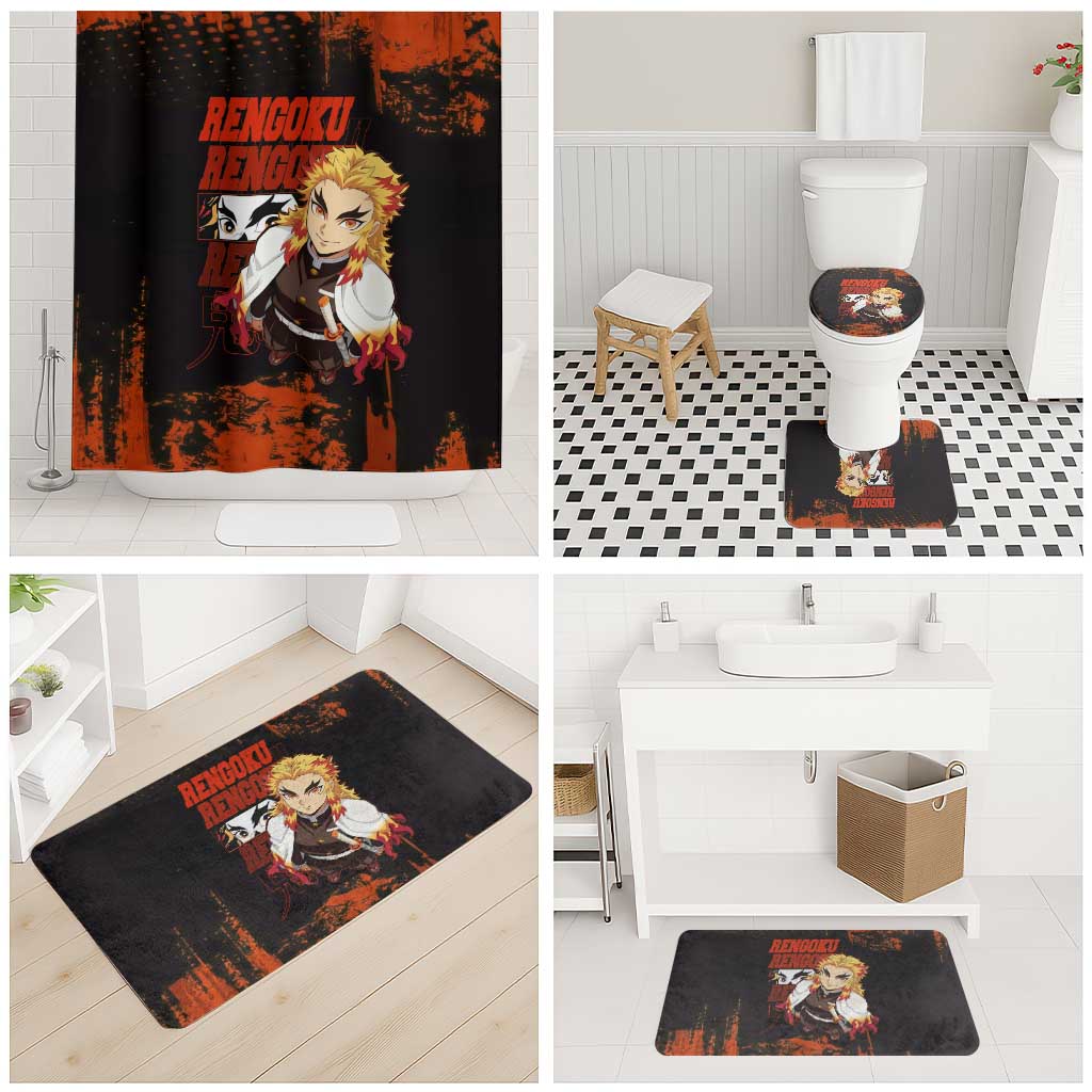 Kyojuro Rengoku Demon Slayer Black and Orange Grunge Design Bathroom Set with Bold Eyes and Flame Hashira Artwork - The Mazicc