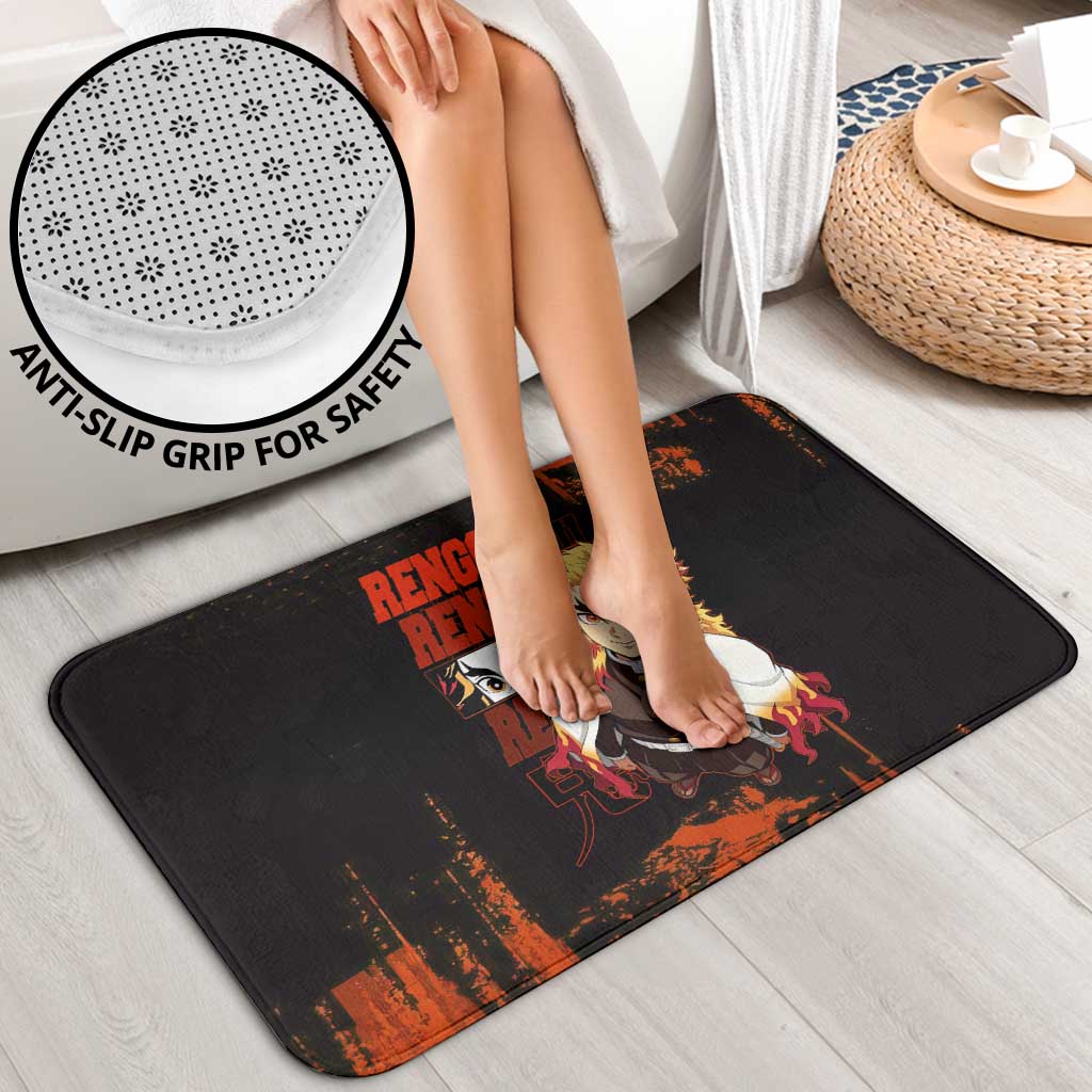 Kyojuro Rengoku Demon Slayer Black and Orange Grunge Design Bathroom Set with Bold Eyes and Flame Hashira Artwork - The Mazicc