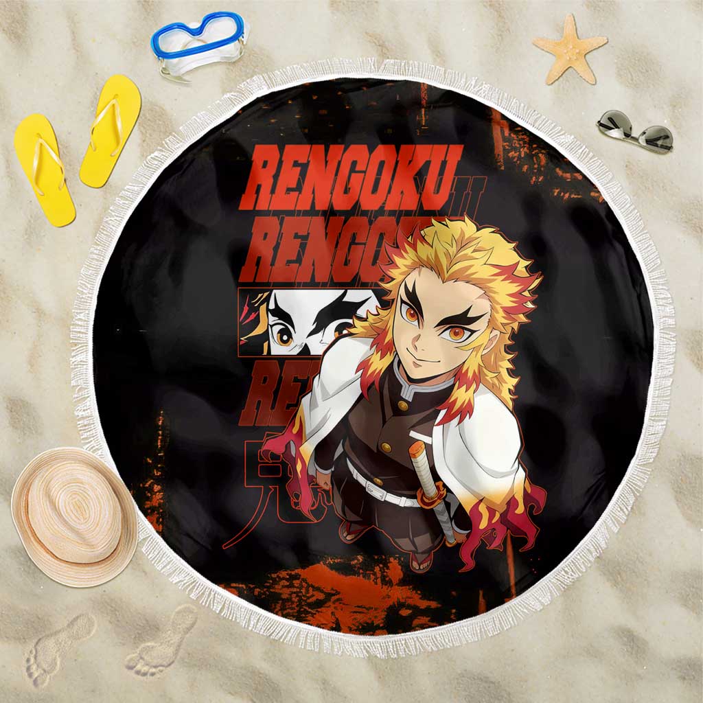 Kyojuro Rengoku Demon Slayer Black and Orange Grunge Design Beach Blanket with Bold Eyes and Flame Hashira Artwork - The Mazicc