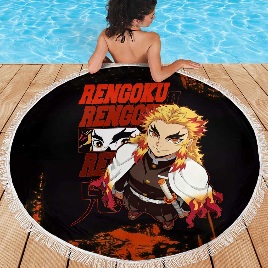 Kyojuro Rengoku Demon Slayer Black and Orange Grunge Design Beach Blanket with Bold Eyes and Flame Hashira Artwork - The Mazicc