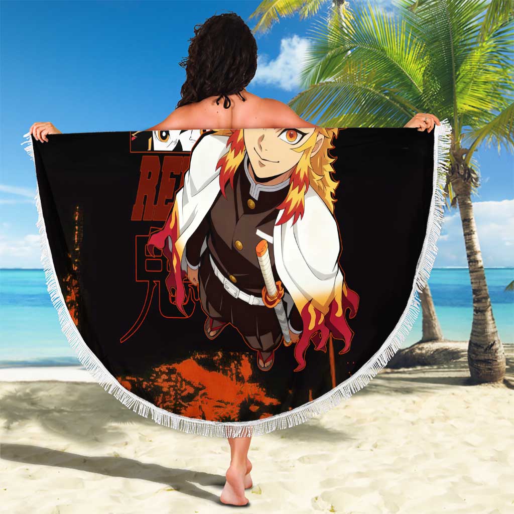 Kyojuro Rengoku Demon Slayer Black and Orange Grunge Design Beach Blanket with Bold Eyes and Flame Hashira Artwork - The Mazicc