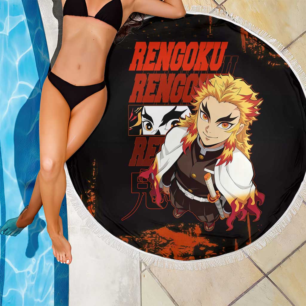 Kyojuro Rengoku Demon Slayer Black and Orange Grunge Design Beach Blanket with Bold Eyes and Flame Hashira Artwork - The Mazicc