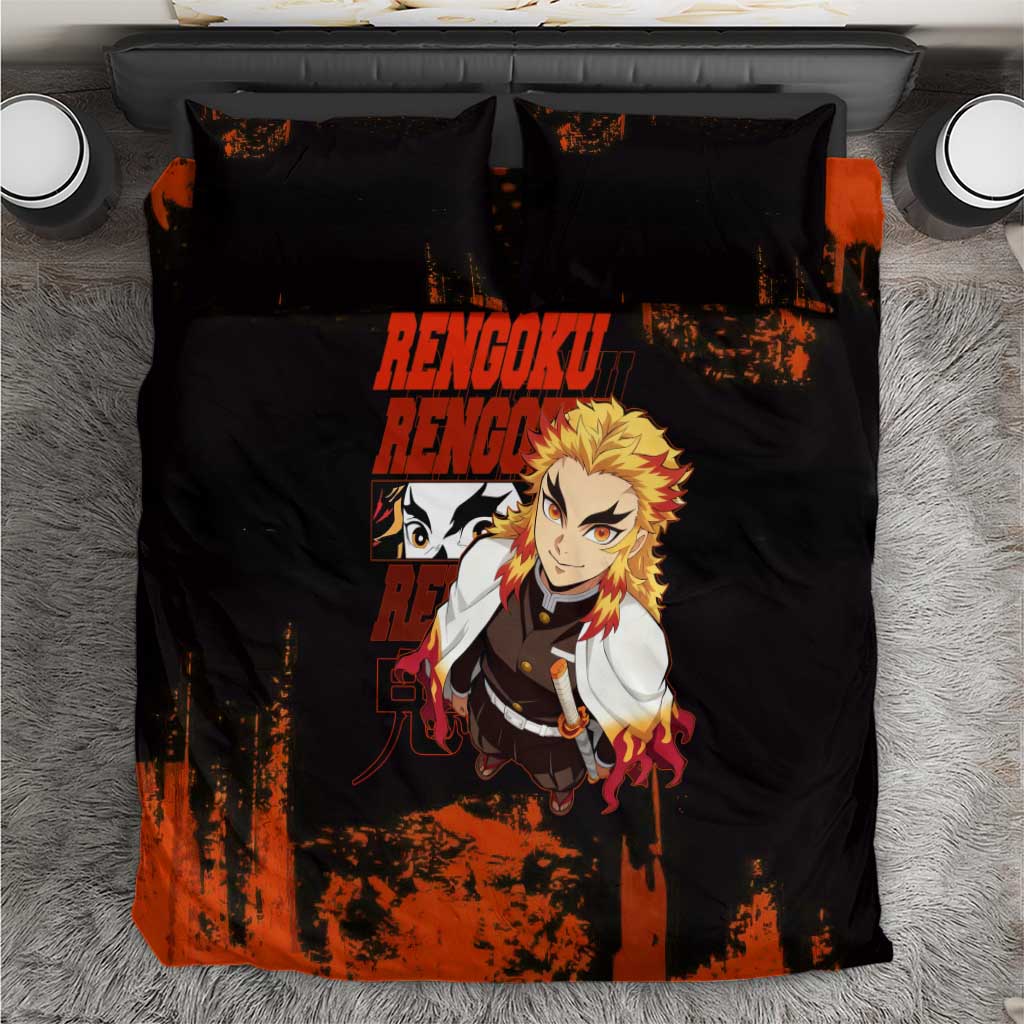 Kyojuro Rengoku Demon Slayer Black and Orange Grunge Design Bedding Set with Bold Eyes and Flame Hashira Artwork - The Mazicc
