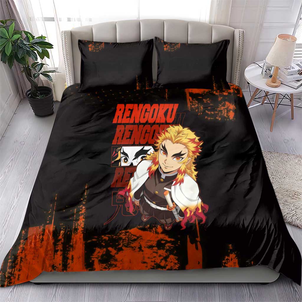 Kyojuro Rengoku Demon Slayer Black and Orange Grunge Design Bedding Set with Bold Eyes and Flame Hashira Artwork - The Mazicc